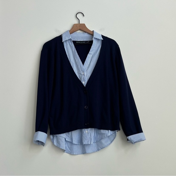 English Factory Blue Mixed Media Layered Cardigan Blouse Collared Button down - Picture 4 of 11